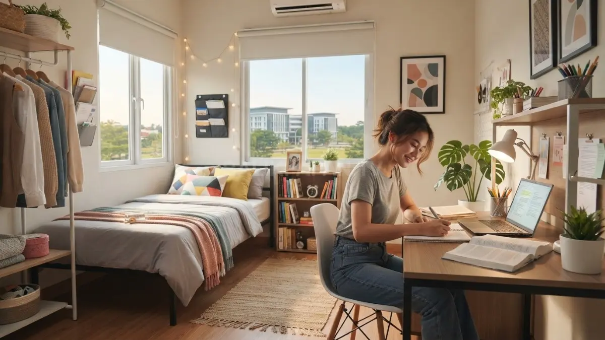 Inspirasi kamar asrama minimalis dengan area tidur, belajar, penyimpanan, dan pencahayaan fungsional untuk ruang kecil. (BTV/AI)
