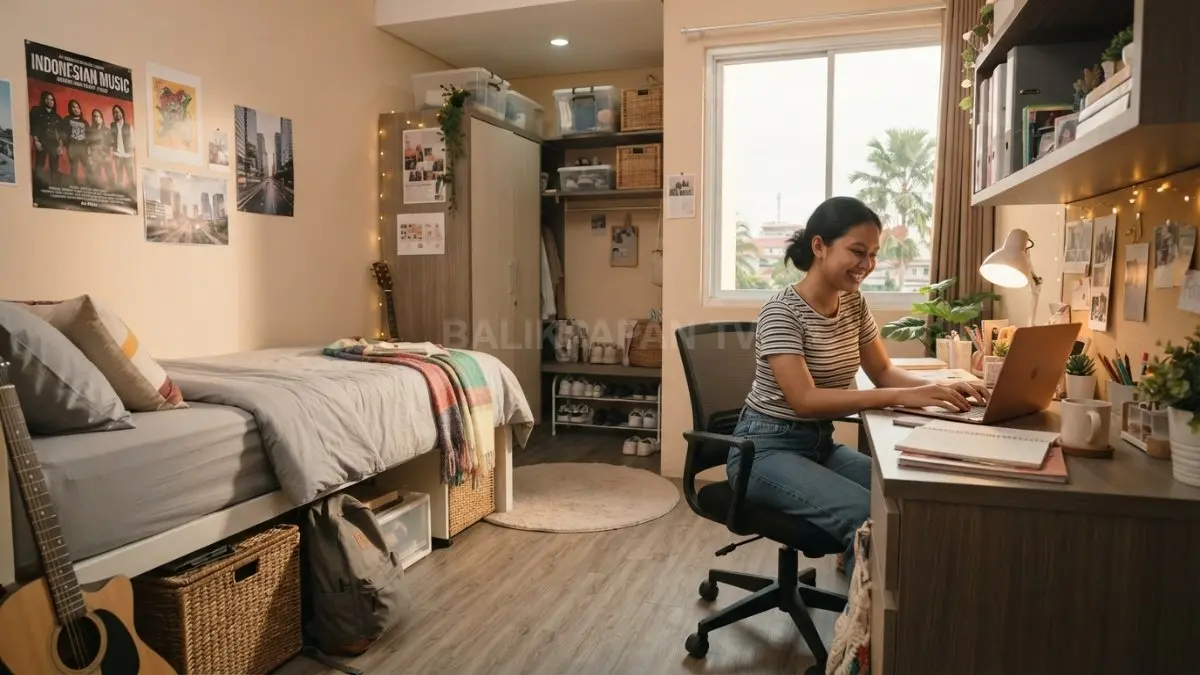 Inspirasi kamar minimalis asrama kampus dengan area tidur, belajar, penyimpanan, dan pencahayaan fungsional untuk ruang terbatas. (BTV/AI)