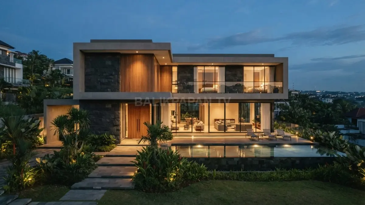 Inspirasi mansion minimalis dengan permainan massa, material premium, kaca, pencahayaan, dan lanskap elegan yang proporsional (BTV/AI)