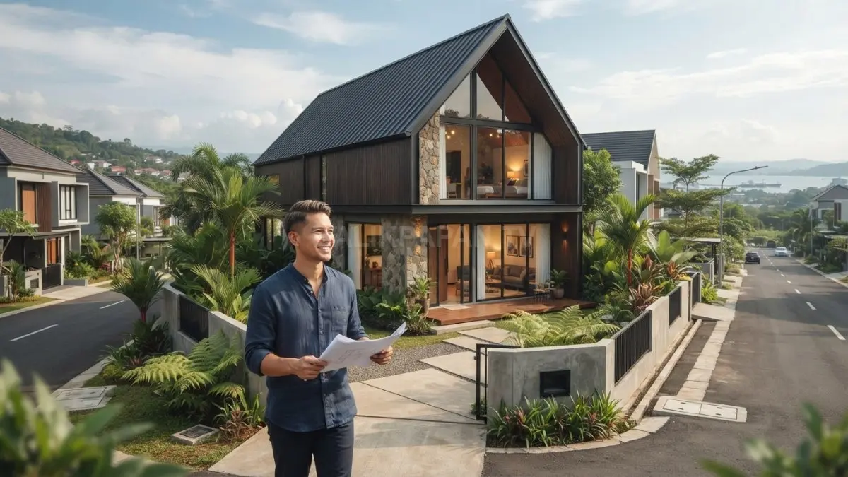 Inspirasi rumah minimalis bergaya Rusia dengan atap khas, kayu, batu, jendela besar, dan interior hangat modern (BTV/AI)
