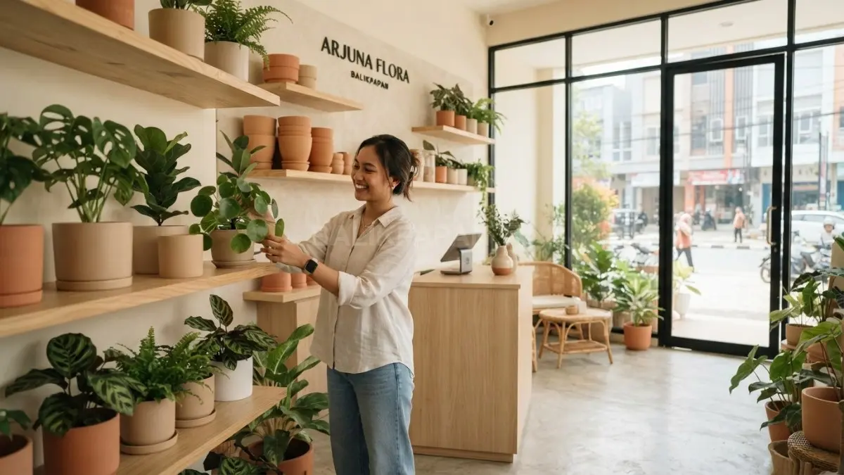 Inspirasi toko tanaman bernuansa soft dengan material kayu, tekstur natural, dan sentuhan hijau yang hangat (BTV/AI)