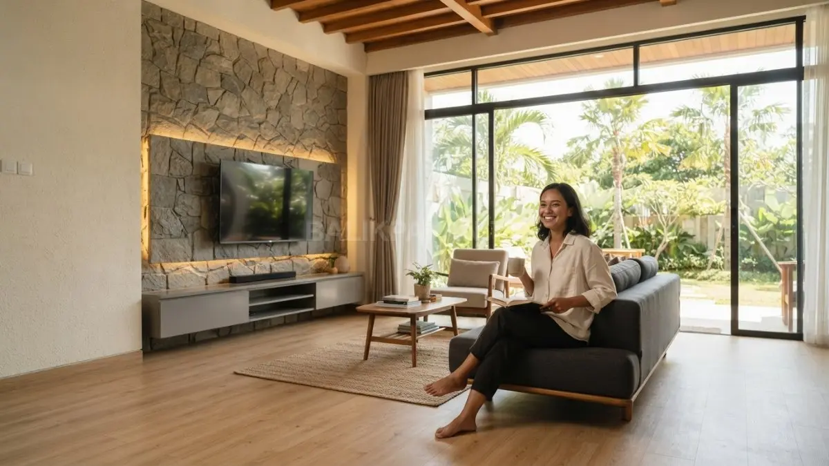 Interior rumah minimalis bergaya Rusia memadukan kayu, batu, kaca, dan warna hangat untuk menciptakan suasana modern nyaman (BTV/AI)