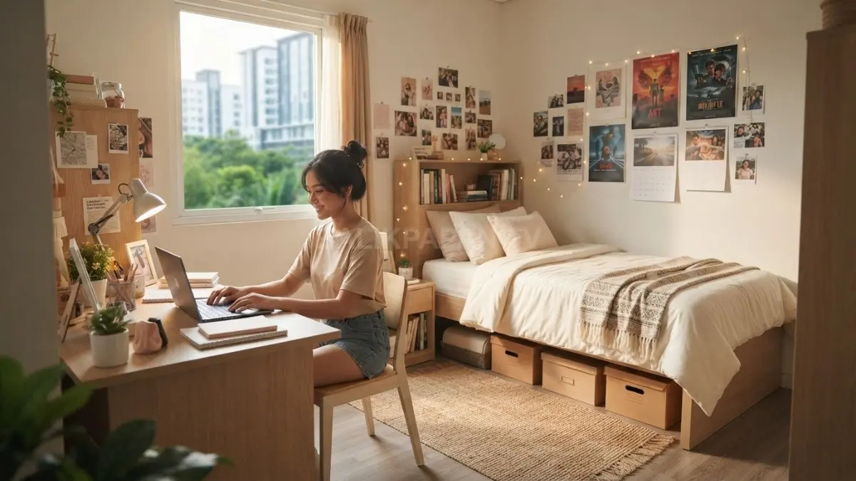 Kamar asrama minimalis dengan dekorasi personal, area belajar, penyimpanan, karpet, dan pencahayaan fungsional yang nyaman (BTV/AI)