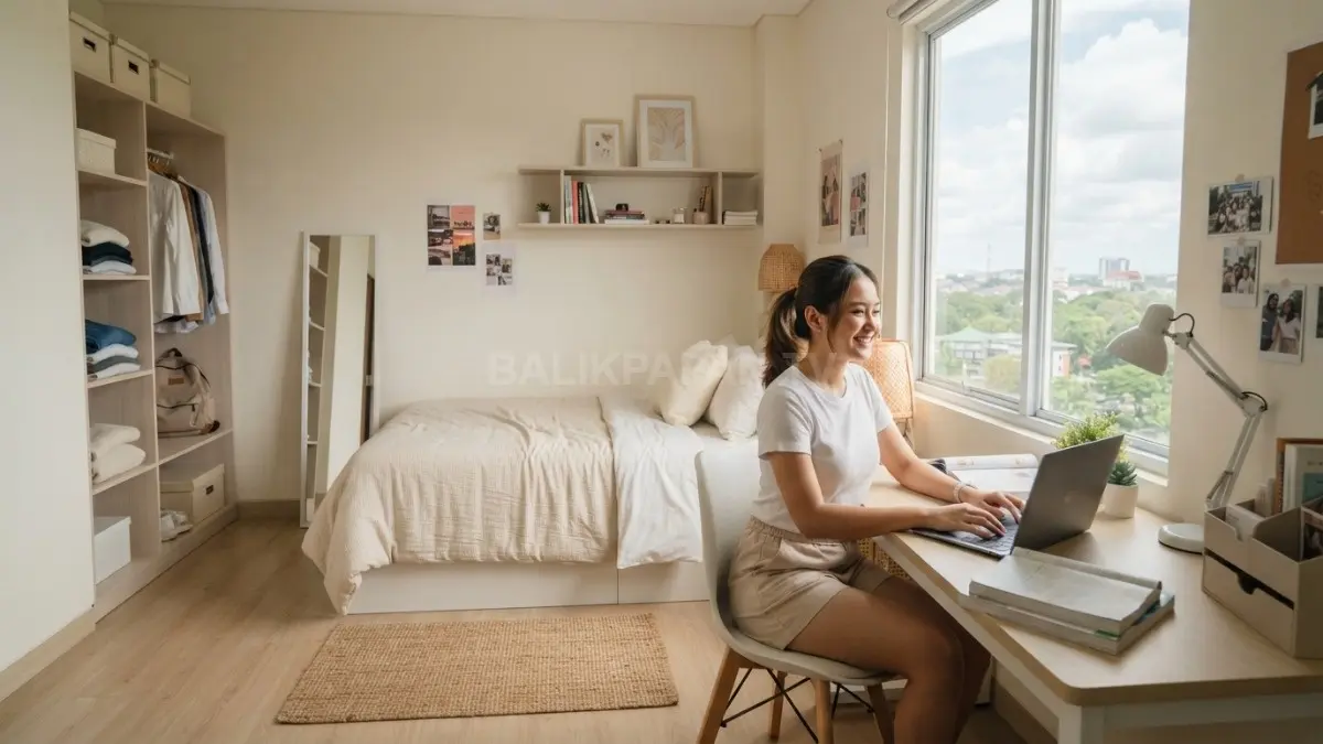 Kamar minimalis bergaya asrama dengan tempat tidur, meja belajar, rak penyimpanan, dan dekorasi bernuansa netral (BTV/AI):