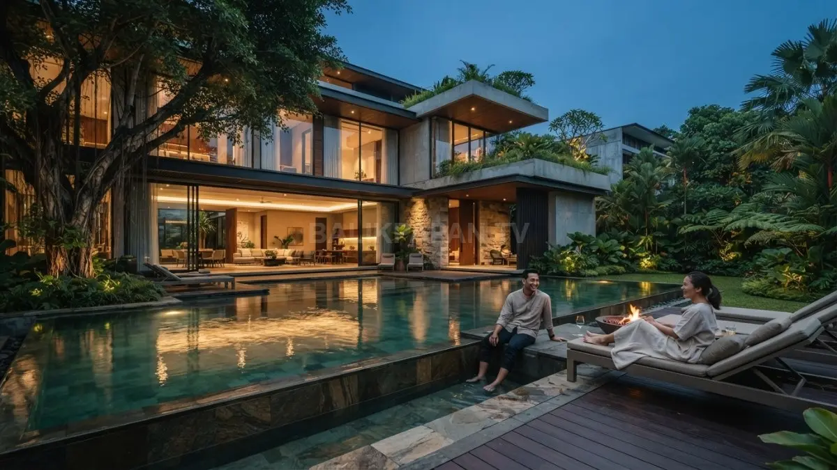 Kolam renang dan lanskap menyatu dengan arsitektur mansion, menciptakan kesan mewah, alami, dan elegan. (BTV/AI)