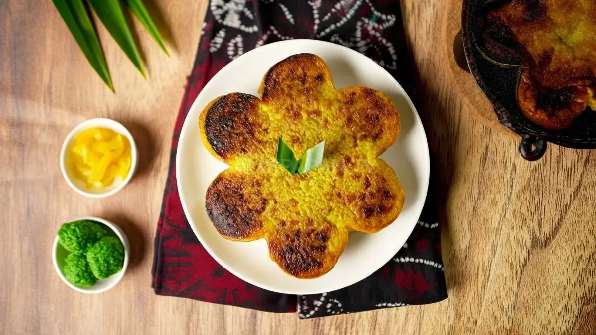 Kue bingka kentang berbentuk bunga dengan permukaan kuning kecokelatan dan tekstur lembut, salah satu kudapan tradisional yang populer di Balikpapan.