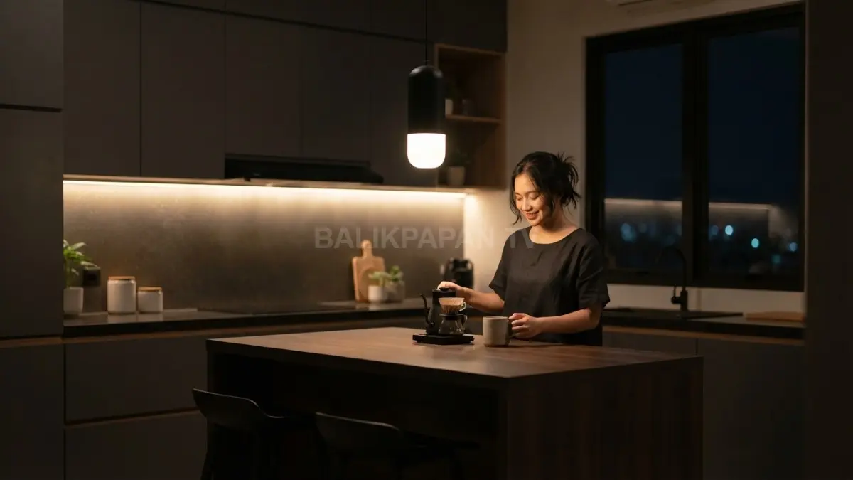 Lampu gantung hangat menjadi titik fokus dapur minimalis bernuansa malam dengan desain sederhana dan elegan (BTV/AI)