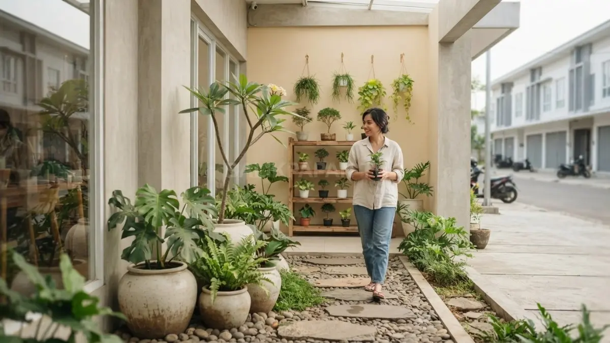 Landscape toko tanaman dirancang seperti taman kecil dengan focal point hijau, jalur nyaman, dan material alami (BTV/AI)