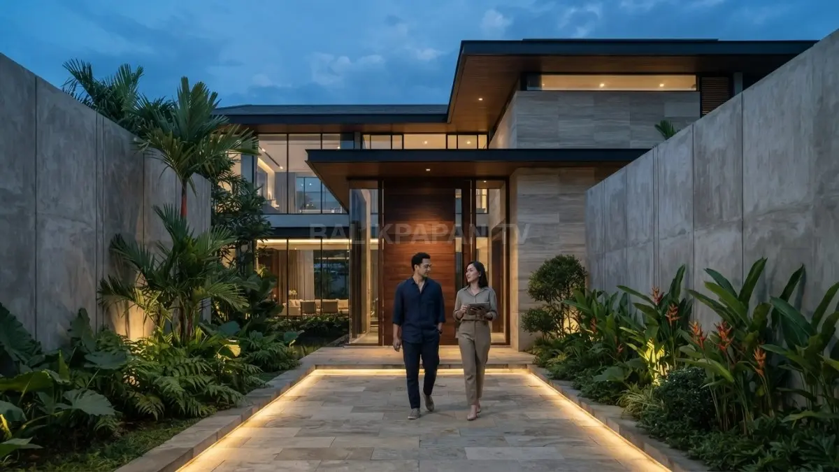 Mansion minimalis dengan entrance dramatis, dinding tinggi, kaca, kayu, pencahayaan lembut, dan lanskap elegan (BTV/AI)