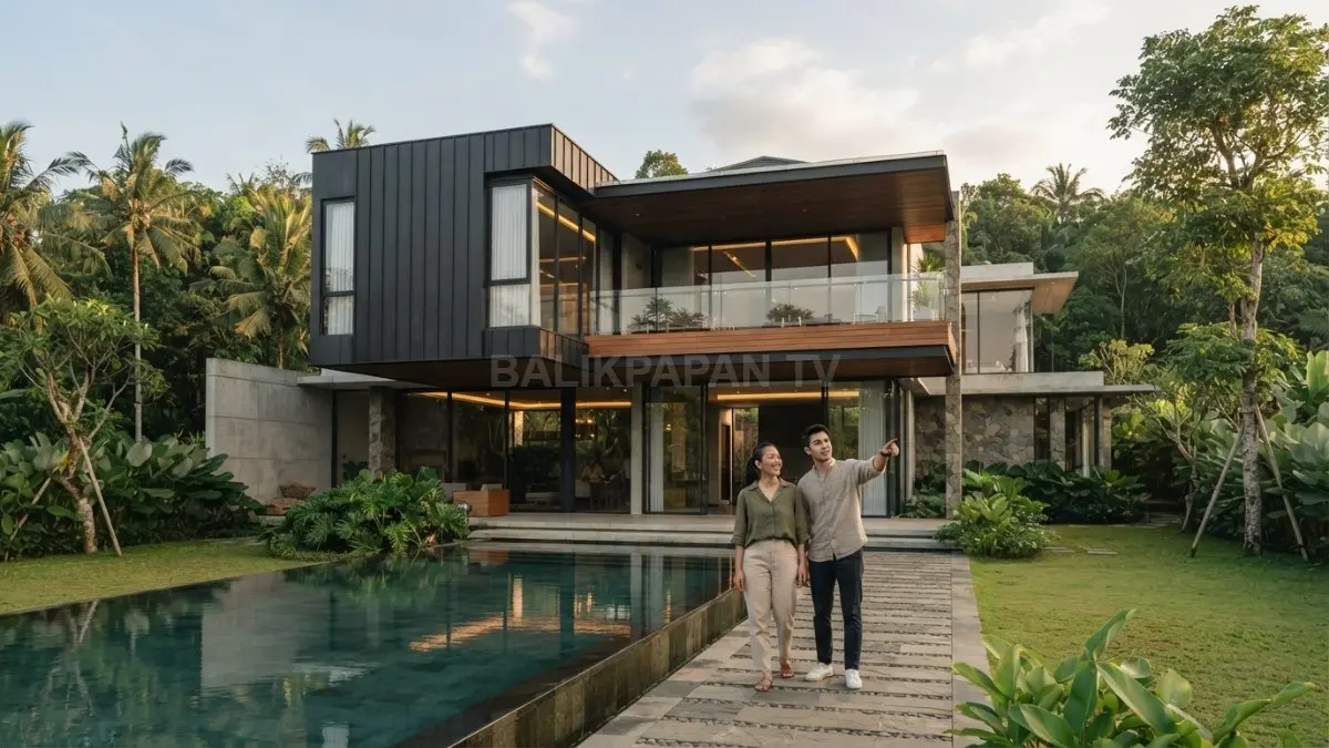 Mansion minimalis memadukan massa geometris tegas, kaca, dan ruang teduh untuk menciptakan kemegahan elegan ornamen (BTV/AI)