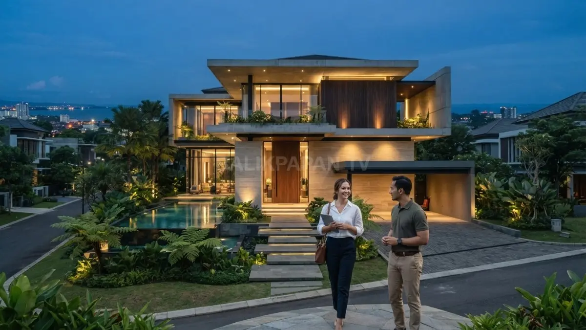 Mansion minimalis menonjolkan massa tegas, material premium, kaca luas, pencahayaan elegan, dan lanskap yang harmonis. (BTV/AI)