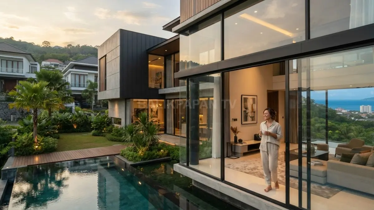 Mansion minimalis modern dengan kaca besar, massa tegas, material premium, pencahayaan elegan, dan lanskap hijau menyatu harmonis (BTV/AI)