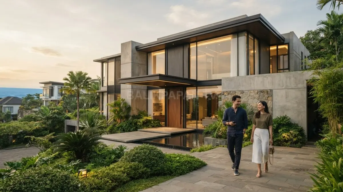 Material premium terbatas berpadu tekstur alami, kaca, dan aksen gelap menciptakan mansion minimalis elegan. (BTV/AI)