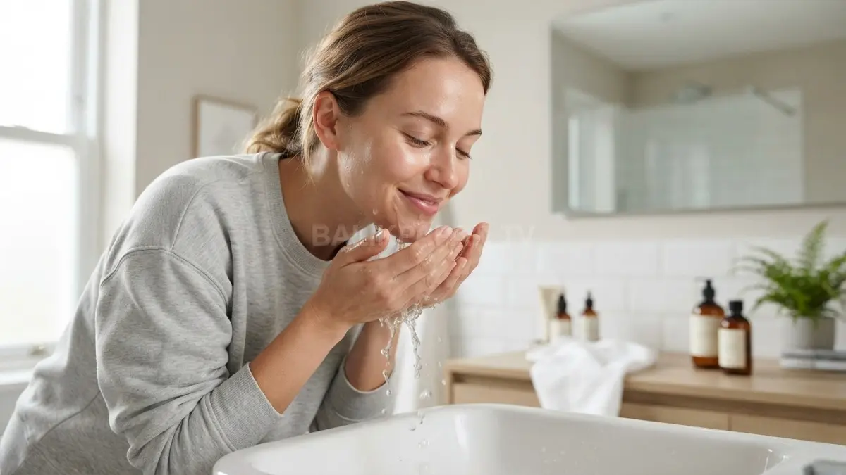 Mencuci wajah lembut dengan air hangat kuku menjaga kelembapan alami dan kesehatan kulit secara optimal. (BTV/Ai)