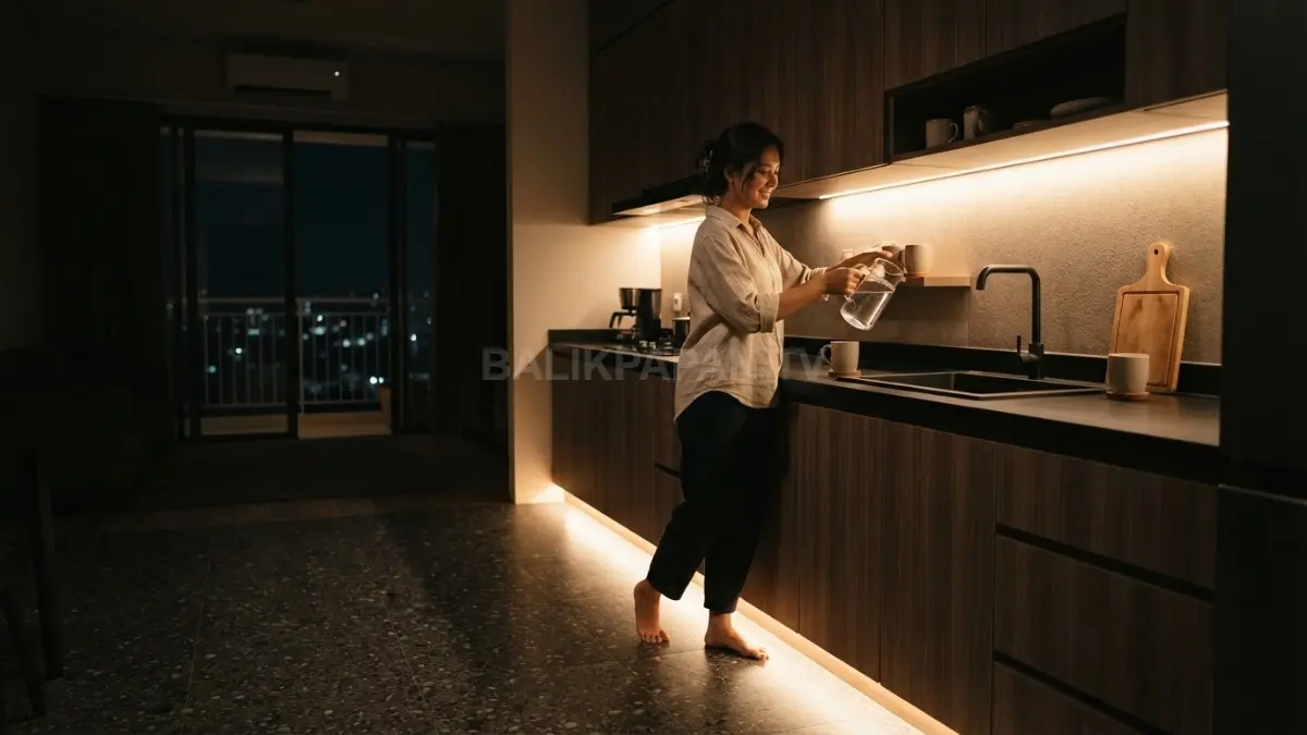 Pencahayaan bawah kabinet menciptakan efek dapur mengambang yang hangat, dramatis, dan nyaman saat malam (BTV/AI)
