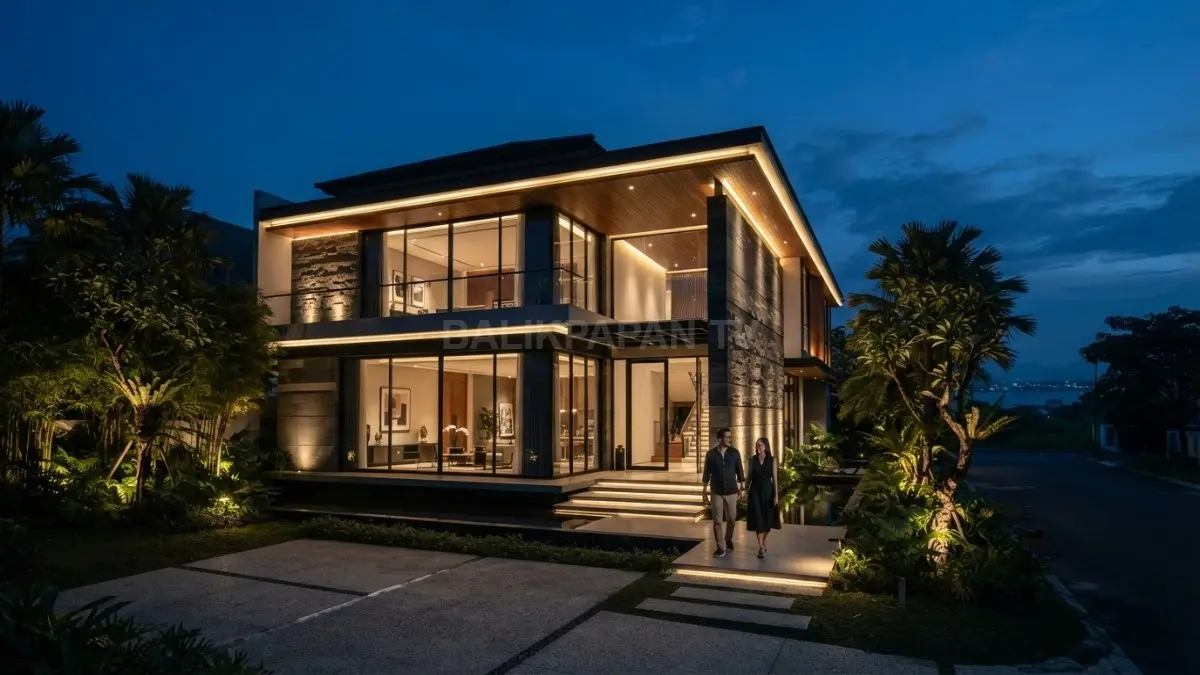 Pencahayaan malam menonjolkan tekstur, garis bangunan, dan lanskap mansion agar tampil elegan serta berkarakter kuat. (BTV/AI)
