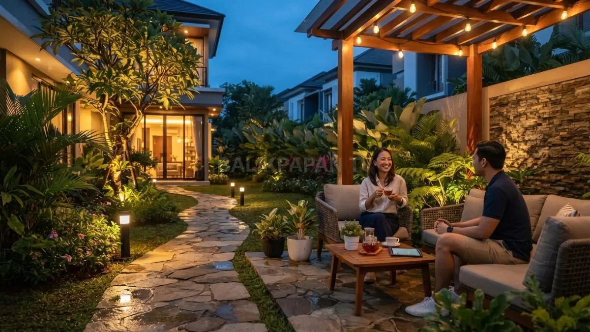 Pencahayaan taman mempercantik halaman malam hari, menciptakan suasana hangat, nyaman, aman, dan fungsional. (BTV/AI)