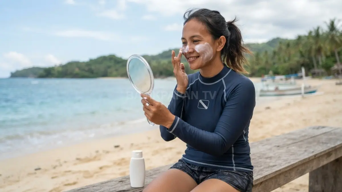Penggunaan tabir surya secukupnya pada area kulit terbuka untuk perlindungan optimal saat beraktivitas di pantai. (BTV/Ai)