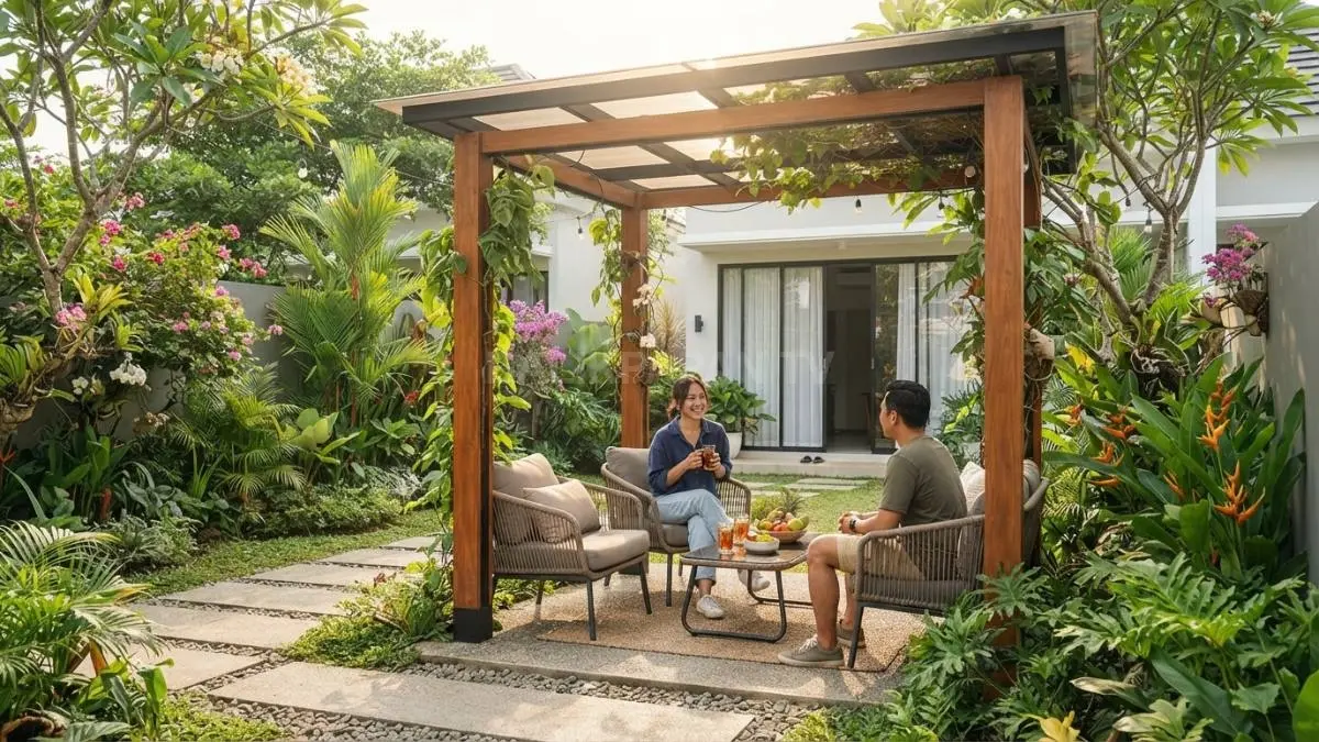 Pergola dan kanopi ringan menciptakan area santai fungsional sekaligus mempercantik halaman belakang rumah. (BTV/AI)