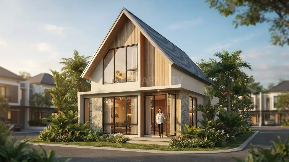 Rumah minimalis bergaya Rusia memadukan atap pelana, kayu, batu, dan jendela besar dengan nuansa hangat modern. (BTV/AI)
