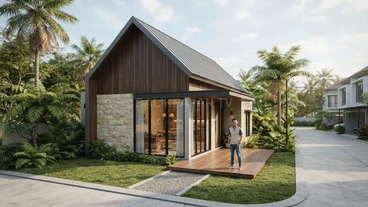 Rumah minimalis bergaya Rusia memadukan kayu, batu, atap khas, dan jendela besar yang elegan. (BTV/AI)