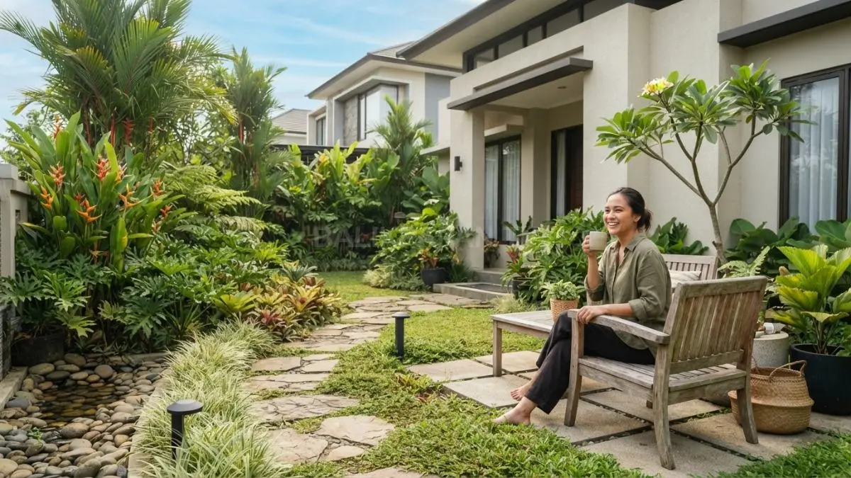 Tanaman berlapis mempercantik halaman rumah, menciptakan kedalaman visual, sekaligus menghadirkan suasana hijau yang nyaman. (BTV/AI)
