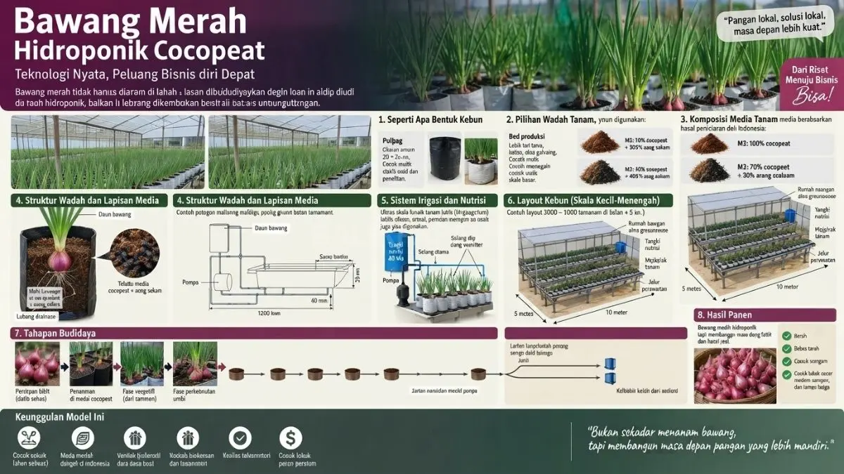 Infografis edukatif yang menjelaskan struktur budidaya bawang merah hidroponik cocopeat: grow bag/polybag, media cocopeat dan arang sekam, tanaman bawang merah, drip irrigation, tangki AB Mix, pompa, drainase, serta alur produksi dari penanaman hingga panen