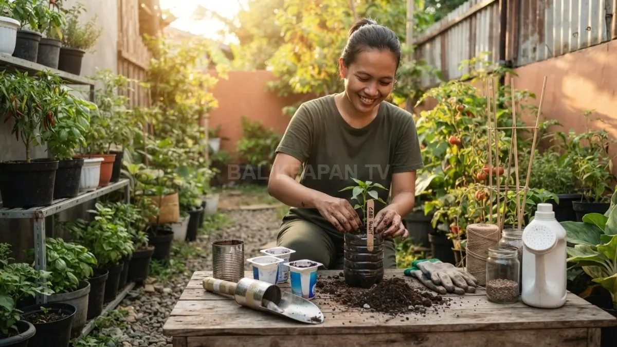 Barang bekas rumah tangga dimanfaatkan menjadi perlengkapan sederhana untuk menanam, memberi label, dan merawat tanaman. (BTV/AI)