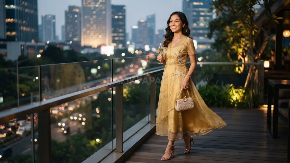 Belle menghadirkan inspirasi gaya elegan melalui nuansa gold, aksesori burung kecil, dan sentuhan glamour berkelas. (BTV/AI)