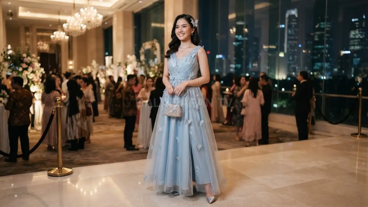 Cinderella tampil anggun melalui palet biru pastel, detail kupu-kupu, satin berkilau, dan aksesori glamour kerajaan (BTV/AI).