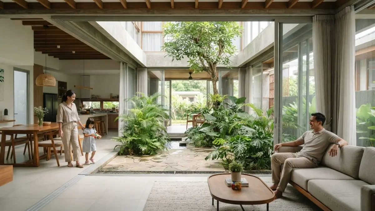 Courtyard menghadirkan cahaya, udara, dan ruang hijau di tengah rumah agar terasa lapang dan nyaman (BTV/AI)