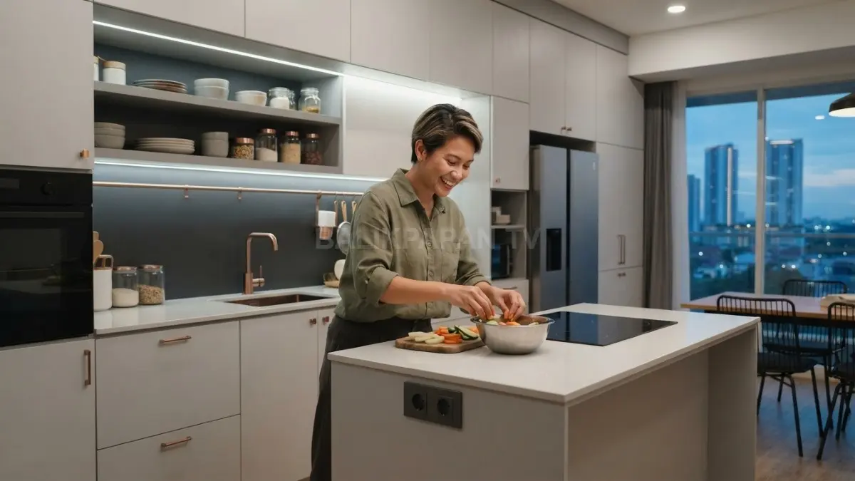 Dapur minimalis terinspirasi aliran data, memadukan garis geometris, kabinet rapi, dan pencahayaan LED modern. (BTV/AI)