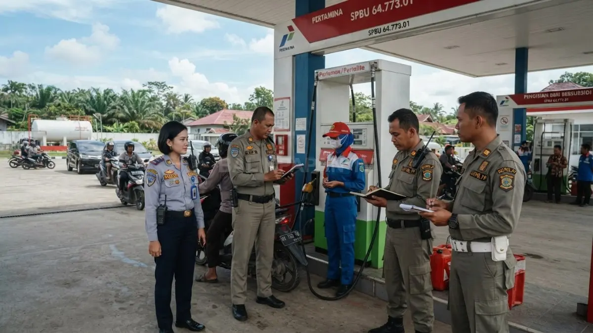 Delapan SPBU Berau diawasi petugas gabungan Dishub dan Satpol PP untuk menjaga ketertiban antrean BBM (BTV/AI)  (SENO/BP)
