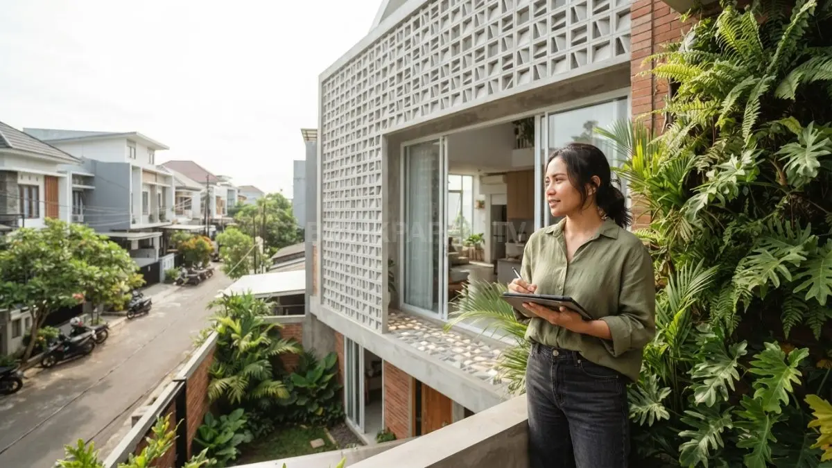 Fasad roster berlapis membantu mengurangi panas sekaligus menjaga sirkulasi udara alami pada rumah tropis modern (BTV/AI)
