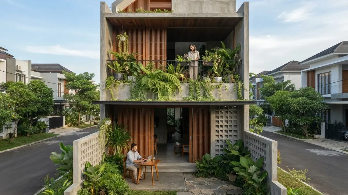 Fasad rumah Vietnam memadukan balkon, teras, dan tanaman sebagai peneduh alami yang mempercantik hunian tropis (BTV/AI)