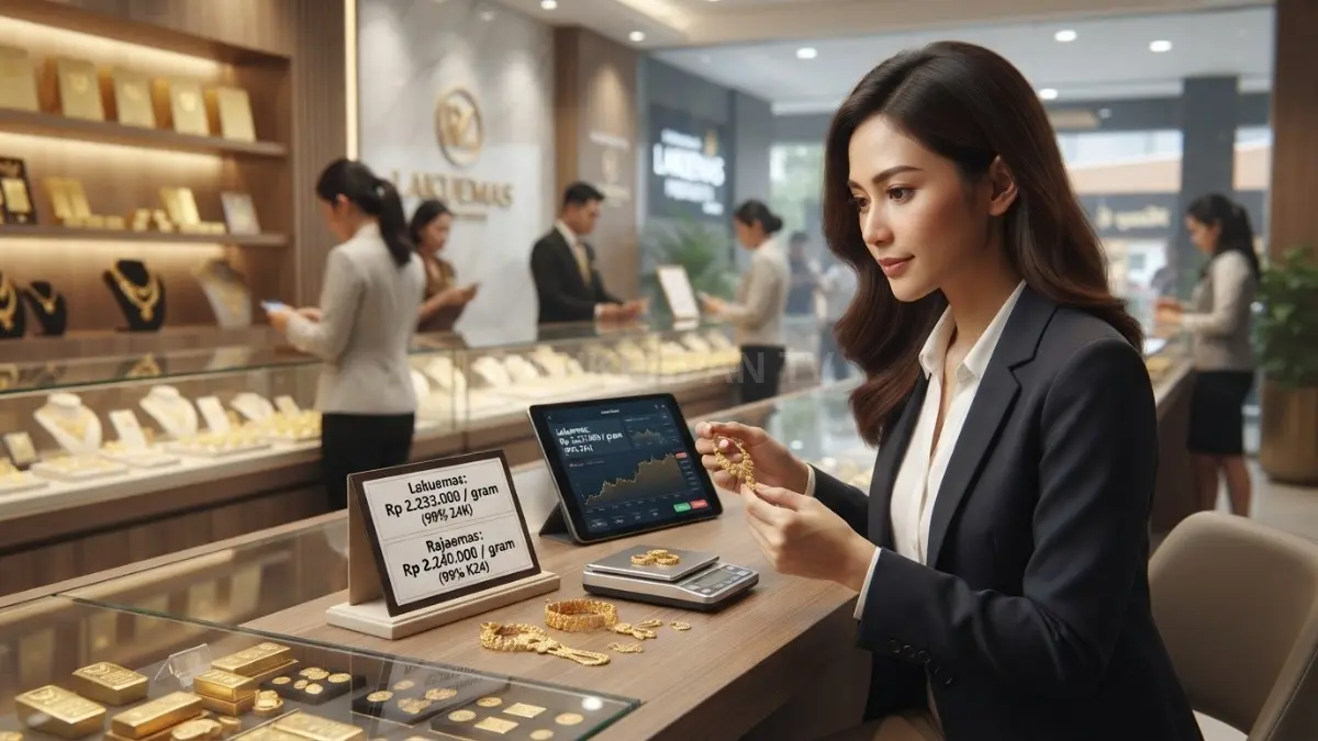 Harga emas perhiasan Lakuemas dan Rajaemas berbeda Rp7.000 per gram pada 14 September 2026 tercatat [BTV:AI]
