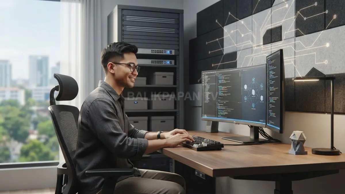 Inspirasi ruang kerja minimalis bernuansa server rack dengan desain modern, rapi, nyaman, dan teknologi AI. (BTV/AI)