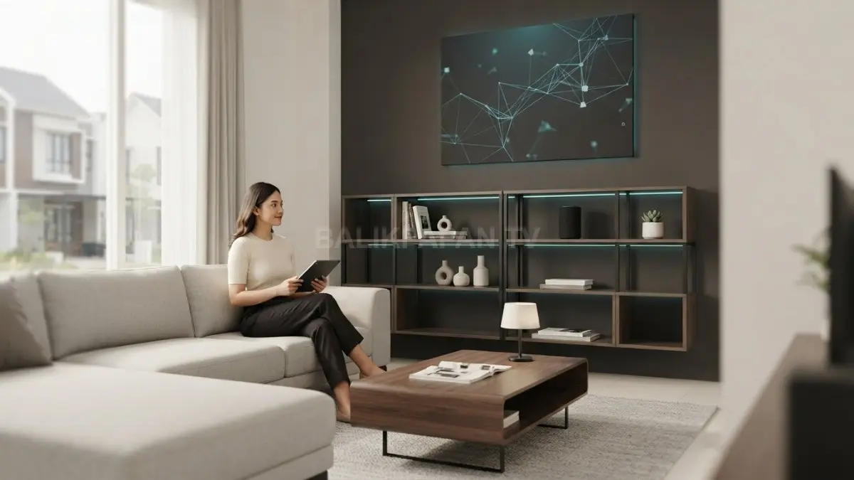 Inspirasi ruang tamu minimalis bertema server, AI, data, dan jaringan dengan rak modular serta pencahayaan LED modern (BTV/AI)