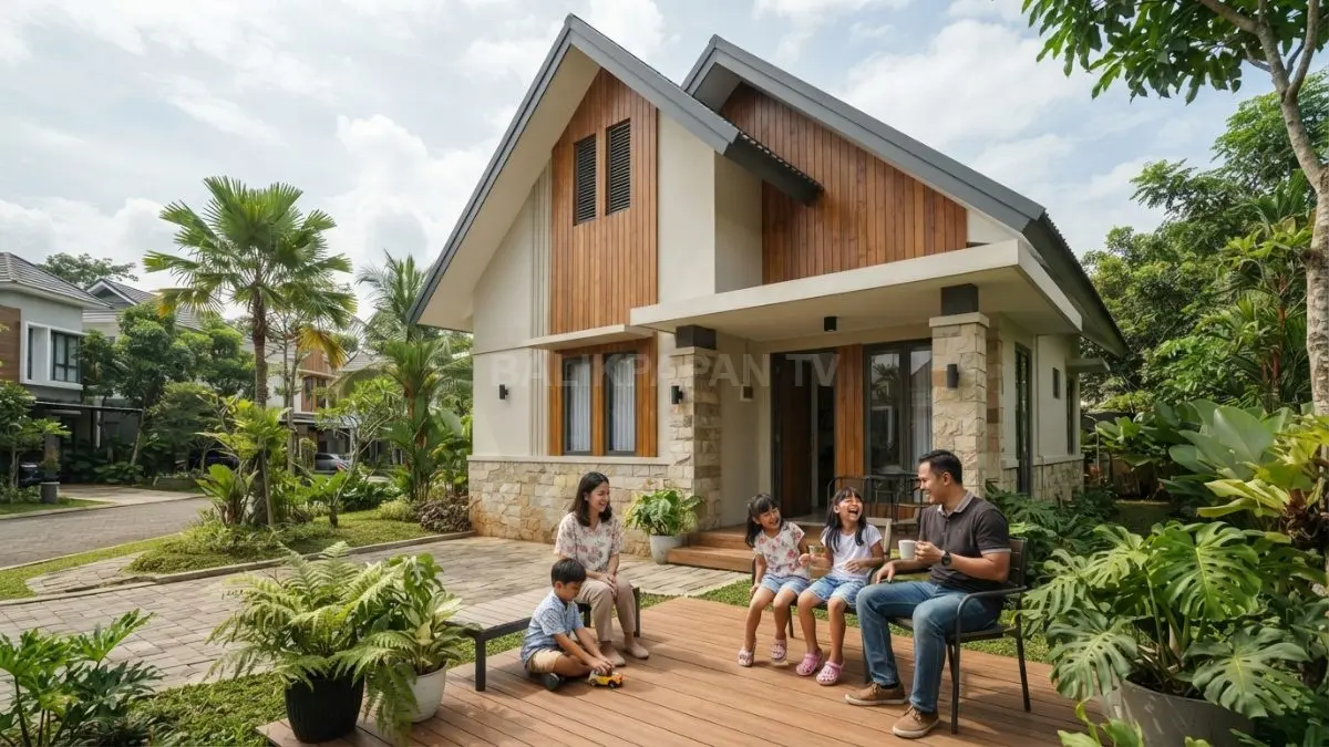 Inspirasi rumah Polandia menghadirkan atap khas, kayu, batu, dan fasad sederhana yang hangat berkarakter. (BTV/AI)