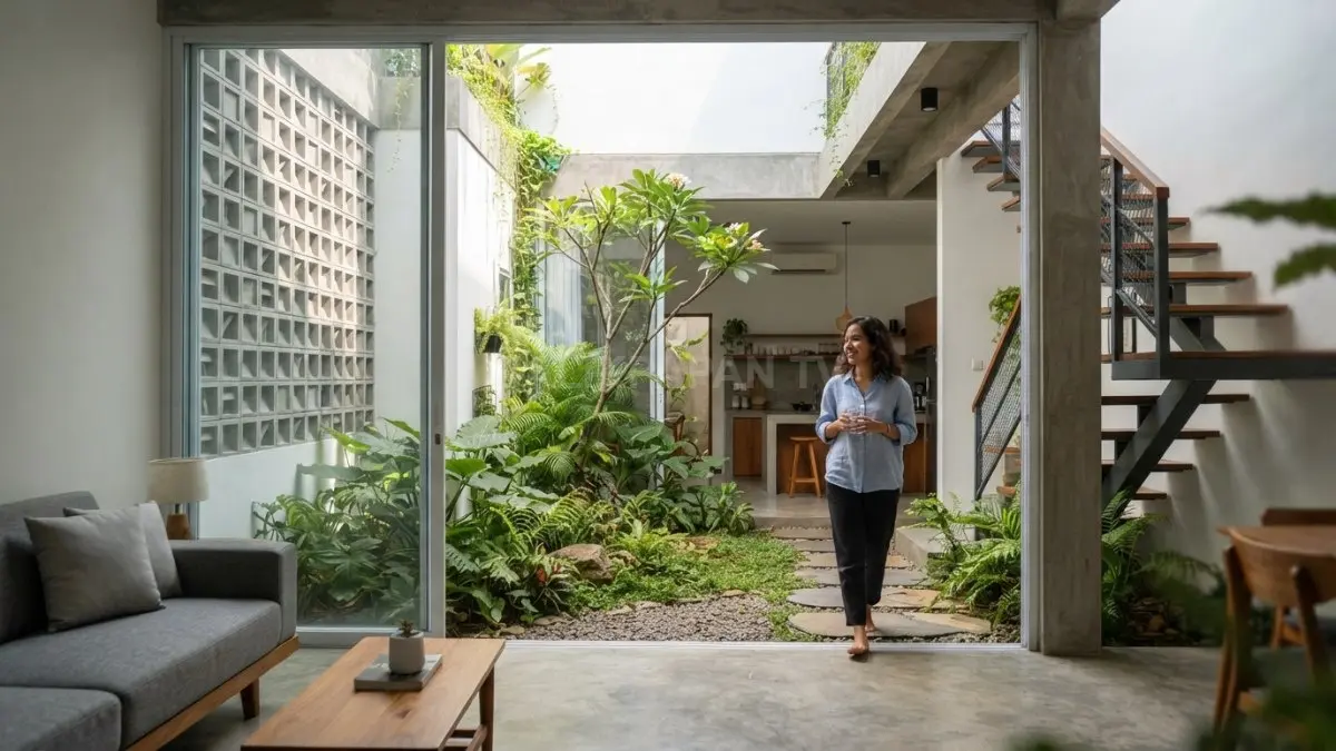 Inspirasi rumah Vietnam dengan courtyard menghadirkan cahaya alami, ventilasi, dan ruang hijau di lahan sempit. (BTV/AI)