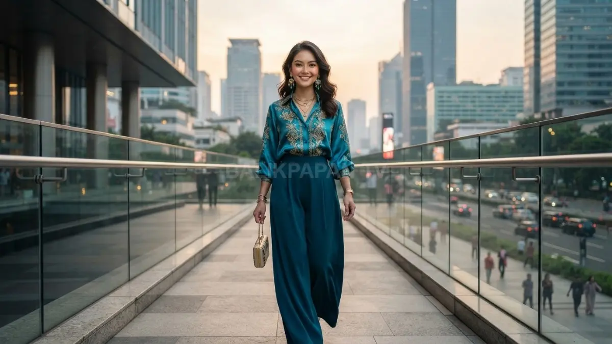 Jasmine menghadirkan gaya eksotis, mewah, dan berani melalui turquoise, gold, aksesori glamor, serta siluet kerajaan (BTV/AI)