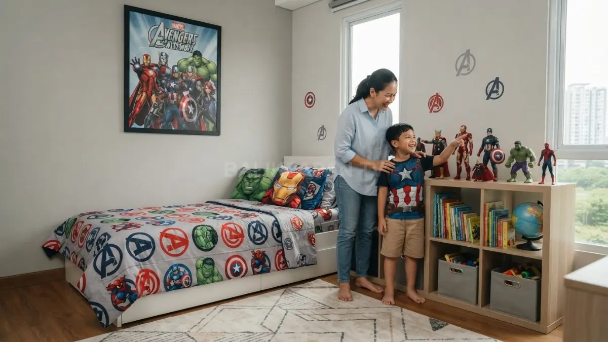 Kamar anak bertema Avengers memadukan dekorasi superhero, penyimpanan praktis, dan ruang bermain yang aman. (BTV/AI)