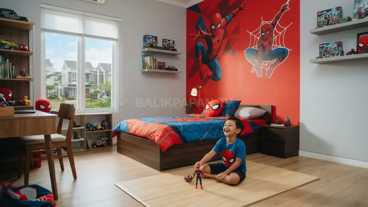 Kamar anak bertema Spider-Man dengan dinding aksen merah, dekorasi jaring, dan ruang bermain yang tetap luas (BTV/AI)