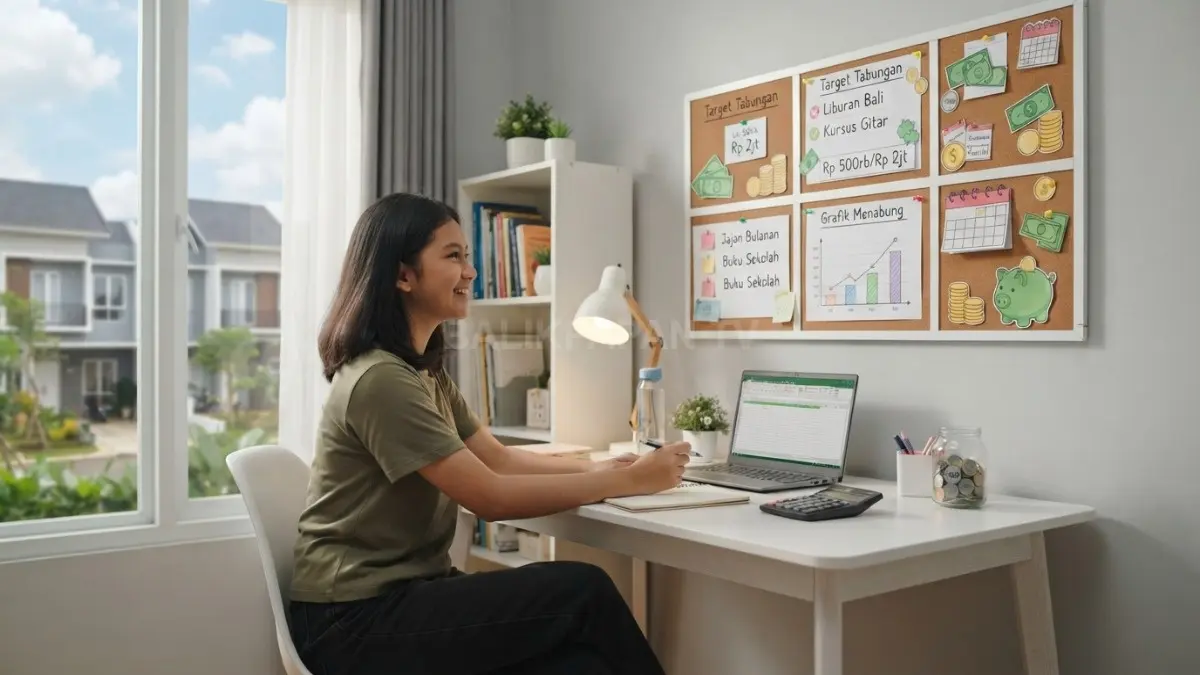 Kamar modern bertema keuangan dengan dashboard finansial dekoratif, grafik tabungan, dan ikon uang edukatif. (BTV/AI)