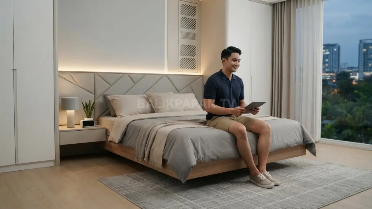 Kamar tidur minimalis bertema AI cooling system dengan panel geometris, pencahayaan lembut, dan dekorasi teknologi modern. (BTV/AI)
