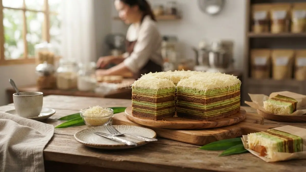 Lapis Salju Pontianak berupa kue berlapis legit, lembut pandan, dipotong rapi untuk kudapan dan oleh-oleh. (BTV/AI)