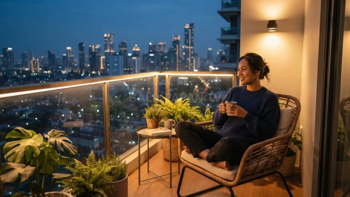 Pencahayaan hangat membuat balkon terasa lebih nyaman untuk menikmati kopi pada sore hingga malam hari. (BTV/AI)