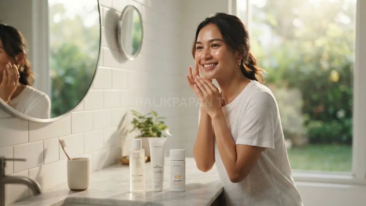 Perawatan kulit pagi sederhana: bersihkan, lembapkan, lindungi dengan sunscreen, tambah perlindungan saat beraktivitas luar. (BTV/AI)