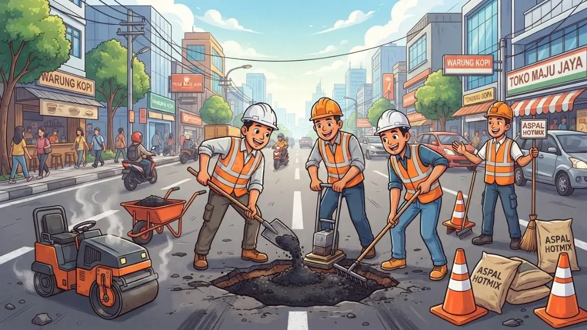 Petugas memperbaiki jalan berlubang dengan menambal aspal demi menjaga kenyamanan dan keselamatan pengguna jalan.(BTV/AI)