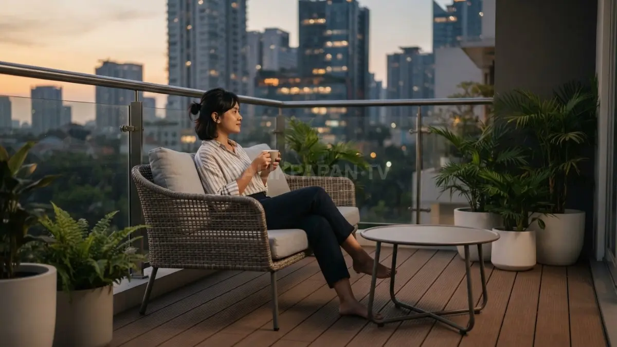 Pilih material balkon tahan cuaca agar area ngopi tetap nyaman, awet, dan mudah dirawat (BTV/AI).